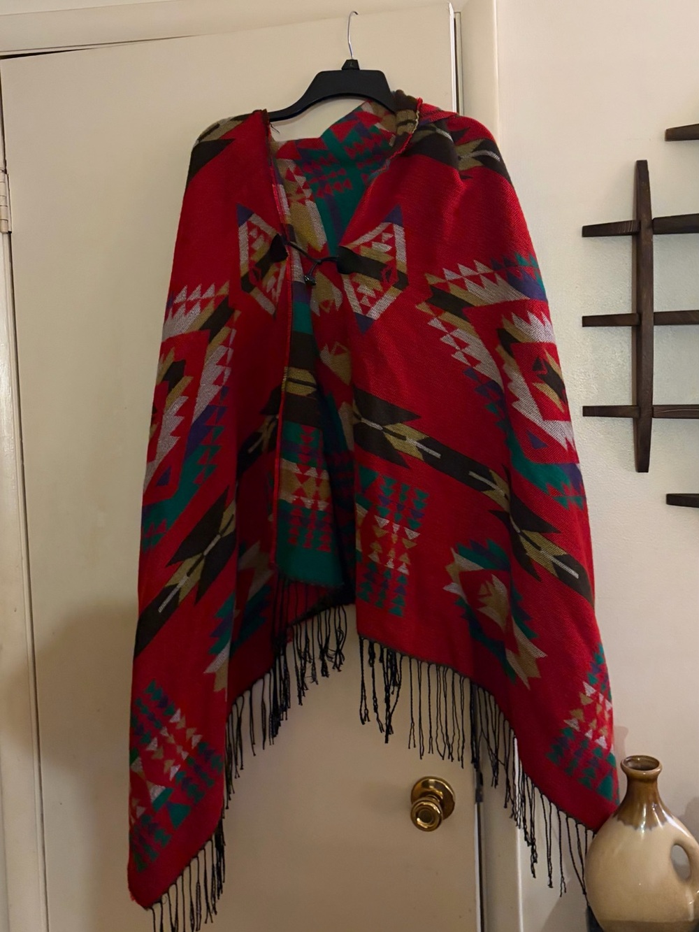Source Unknown Red Southwestern Patterned Cape Poncho